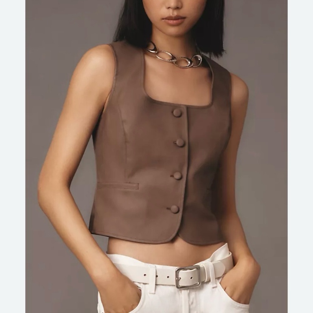 Anthropologie Brown Button-Front Cropped Vest
